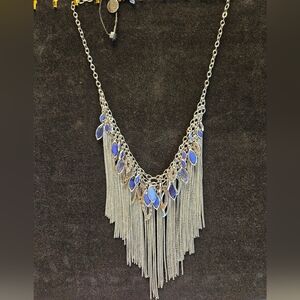 White House Black Market Blue Faceted Crystal Silver Tassel Fringe Necklace